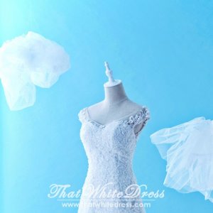 611LLW01 XN Christine Off Shoulder A line Zip Illusion back Top Wedding Dress Designer Malaysia Custom Make