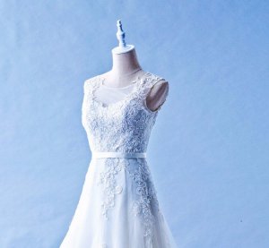 502W13 XJ Illusion Neck Cap Sleeves Lace Train A line Top Malaysia Wedding Dress Designer Rental