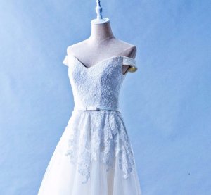 502W16 XJ Off Shoulder A line Grey Belt Top Malaysia Wedding Dress Designer Rental