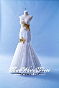 506W02a LL Ben's Sweet Heart pleated Gold embrodeiry Wedding Dress Designer Malaysia