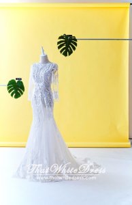 71LLW02 LL Long Sleeves Geometry Trumpet Low V back Wedding Dresss Malaysia Baju Pengantin KL