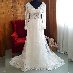 21 French Chantilly Lace and Alencon Corded Lace Long Sleeves Ivory Wedding Dress A line Flare Baju pengantin Kahwin Malaysia Muslimah bride