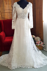 21 French Chantilly Lace and Alencon Corded Lace Long Sleeves Ivory Wedding Dress A line Flare Baju pengantin Kahwin Malaysia Muslimah bride