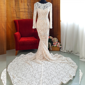 17 French Chantilly Lace Long Sleeves Champagne Wedding Dress Mermaid Trumpet Baju pengantin Kahwin Malaysia Muslimah bride