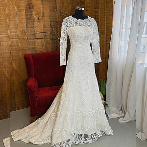 29 Straight Boat Neck Long Sleeves French Alencon Corded Lace Trumpet Mermaid Wedding Dress Gaun Baju Pengantin Muslimah Kahwin Nikah Sanding Malaysia Kuala Lumpur Petaling Jaya