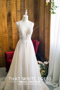 201RYW02 Olivia Champagne Spag Geometry A line d Bridal event wedding dress reception rental custom make