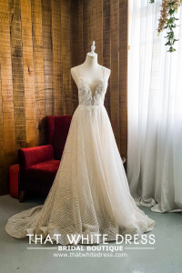 201RYW02 Olivia Champagne Spag Geometry A line e Bridal event wedding dress reception rental custom make