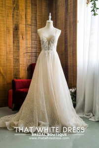 201RYW02 Olivia Champagne Spag Geometry A line f Bridal event wedding dress reception rental custom make