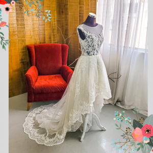 605LL01 LL Illusion Lace Neckline Alyssa Short Dress Long Train Wedding Dress rental