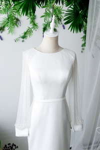 808BYW01 Meghan Long Sleeves Plain Satin Sparkle sleeves wedding dress minimalist crepe Malaysia rent pengantin