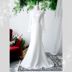 808BYW01 Meghan Long Sleeves Plain Satin Sparkle sleeves wedding dress minimalist crepe Malaysia rent