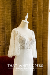 909BY05W01 Clara Cape sleeves chantily lace sheath crepe V neck  Chiffon Bridal Gown Signature Designer Custom make rental Kuala Lumpur