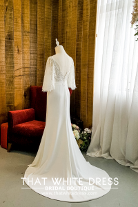 909BY05W01 Clara Cape sleeves chantily lace sheath crepe V neck ChiffonBride Wedding Dress Designer Premium White Rental Kuala Lumpur