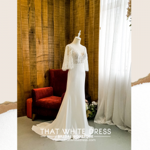 909BY05W01 Clara Cape sleeves chantily lace sheath crepe V neck  Chiffon Bride Wedding Gown Premium Designer Malaysia rental