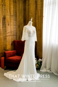 909BY05W01 Clara Cape sleeves chantily lace sheath crepe V neck  Chiffon Bride Wedding Gown Premium Designer Malaysia rental