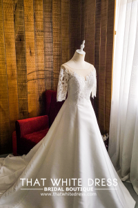909BY05W04 Lara Long Sleeves Duchess Satin A line Mikado Silk c Bride Wedding Gown Premium Designer Malaysia rental