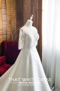 909BY05W04 Lara Long Sleeves Duchess Satin A line Mikado Silk d Bride Wedding Gown Premium Designer Malaysia rental