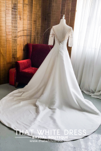 909BY05W04 Lara Long Sleeves Duchess Satin A line Mikado Silk e Bride Wedding Dress Designer Premium White Rental Kuala Lumpur