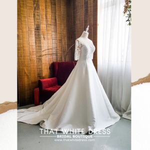 909BY05W04 Lara Long Sleeves Duchess Satin A line Mikado Silk a Bride Wedding Gown Premium Designer Malaysia rental