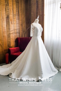 909BY05W04 Lara Long Sleeves Duchess Satin A line Mikado Silk a Bride Wedding Gown Premium Designer Malaysia rental