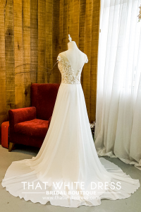 910BY05W04 Winnie Illusion off shoulder Boat Neck Chiffon Sheath d Bride Wedding Dress Designer Premium White Rental Kuala Lumpur