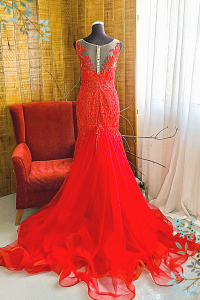 910LLW04 Winona Red Spag strap deep V baroque trumpet a Evening dress rental malaysia petaling jaya