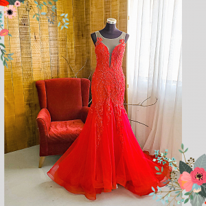 910LLW04 Winona Red Spag strap deep V baroque trumpet a Evening dress rental malaysia