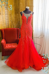 910LLW04 Winona Red Spag strap deep V baroque trumpet a Evening dress rental malaysia