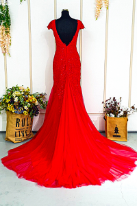 202BYE01 Verona Red Cap Sleeves V neck Trumpet bride reception wedding evening dress