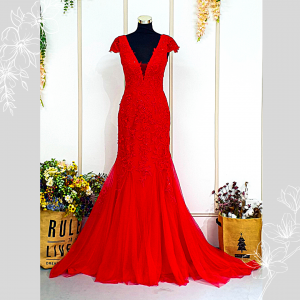 202BYE01 Verona Red Cap Sleeves V neck Trumpet evening dress rental wedding reception malaysia