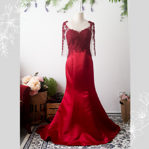 Evening Dress 610ELL01L Maroon Long Sleeves Illusion Satin Evening Dress L Event Reception Wedding Rental Plus Size Bride