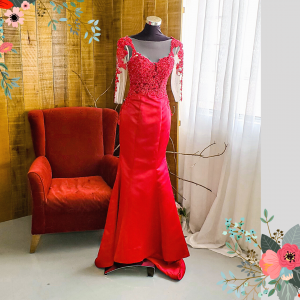Evening Dress 610ELL01M Maroon Long Sleeves Illusion Satin Evening Dress M a Malaysia rental