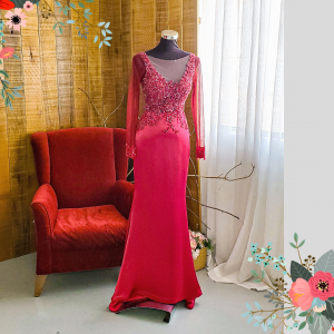 Evening Dress 610LLE02 LL Maroon Illusion Neckline Silk Satin rental Kuala Lumpur