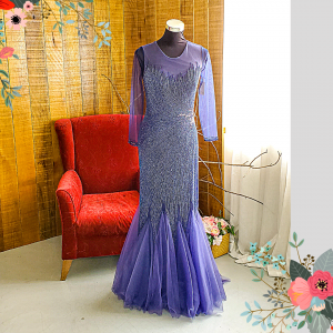 Evening Dress 711XNE02 Navy Illusion neckline sequined trumpet blue wedding reception gown malaysia