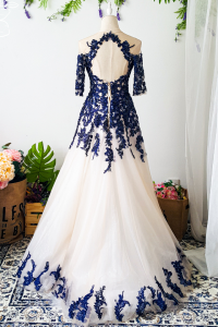 Evening Dress 801LLEL01 Plus Shirla Blue Quater sleeves Champange with blue lace A line  Plus size Event Reception Dinner Dress rental Malaysia bride