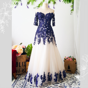 Evening Dress 801LLEL01 Plus Shirla Blue Quater sleeves Champange with blue lace A line  Plus size Bride Event Reception Dinner Dress rental Malaysia d