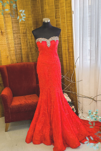 Evening Dress CC610E01 Red Sweet Heart Trumpet Pronovias a Swarovski Crystal Malaysia wedding reception rental