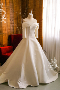 203BYW03 Saleena Off shoulder Long Sleeves Duchess Satin Princess b Bride Wedding Dress Designer Premium White Rental Kuala Lumpur