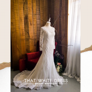 910LLW06 Carla Long sleeves boat neck trumpet Alencon  a Bride Wedding Gown Premium Designer Malaysia rental