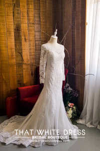 910LLW06 Carla Long sleeves boat neck trumpet Alencon  a Bride Wedding Gown Premium Designer Malaysia rental