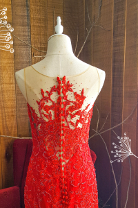 204LLE02 Maddie Red Illusion Deep V Button Back Trumpet c Bride Wedding Event Reception Dinner Dress rental Malaysia