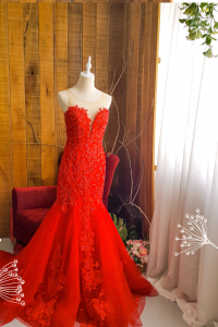 204LLE02 Maddie Red Illusion Deep V Button Back Trumpet d Bride Wedding Event Reception Dinner Dress rental Malaysia