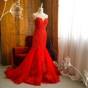 204LLE02 Maddie Red Illusion Deep V Button Back Trumpet a Bridal event wedding dress reception rental custom make Dinner