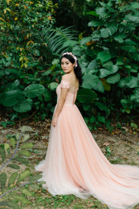 Evening Dress LL612E01 Blush Peach LL off shoulder Tulle A line Flora 5 Full lace wedding dress malaysia, Malay Wedding Dress Design Kuala Lumpur, 