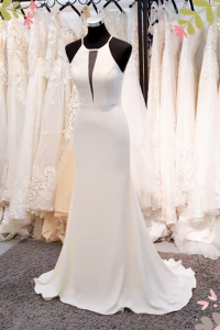 910BY05W01 Carrie Halter Neck Crepe trumpet  V neck c Romantic wedding dress Malaysia, Church Wedding Malaysia, Long Sleeves Bridal Dress Malaysia Rental, 