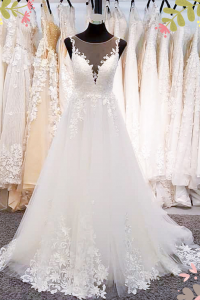 910BY05W02 Barrie Strap V illusion neck A line lace train 1 Petite Bride Malaysia, Wedding Ballgown rental Malaysia, Bridal Dress Rental Malay Kuala Lumpur Rental, 