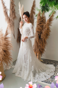 710LLW03 LL Melyssa illusion long sleeves boat neck wedding dress Alencon lace A line 8