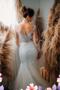 75LLW03 LL Amie Long Sleeves Illusion Bodice Light Beige Trumpet Button Back 7 Mermaid wedding dress,Full lace wedding dress malaysia, Petite Wedding Gown rental Kuala Lumpur, Church Wedding Malaysia, 