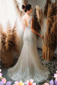 808LLW02 Sammie Deep V Spanish Guipure Deep V back trumpet 1 Pengantin Malaysia Baju Sewa, French Lace wedding Dress rental Malaysia, 