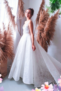 812BY02W03 Maryssa  Strap V neck illusion bodice satin sheath 5 (2) Wedding Ballgown rental Malaysia, French Chantilly Lace bridal dress custom make malaysia, 
